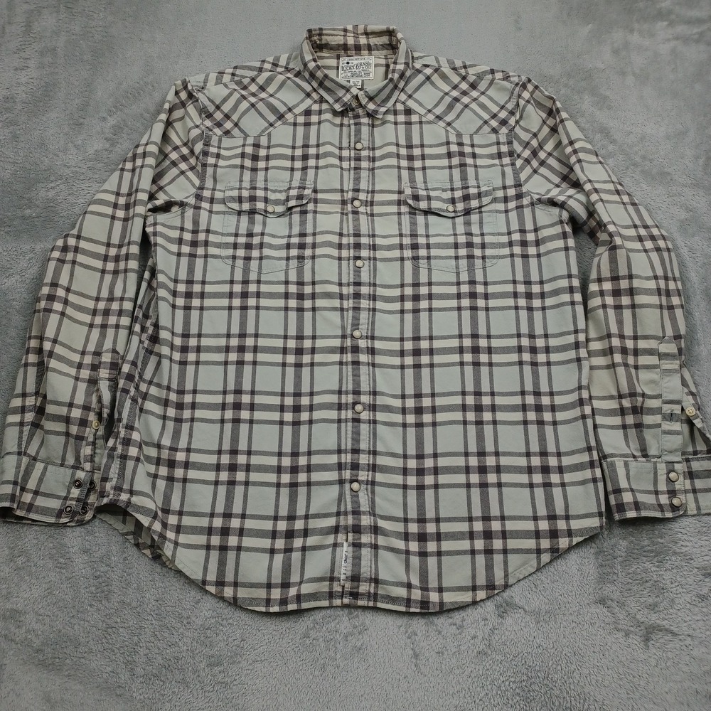 Lucky Brand Shirt Mens XL Gray Plaid Pearl Snap Preppy Long Sleeve Pockets